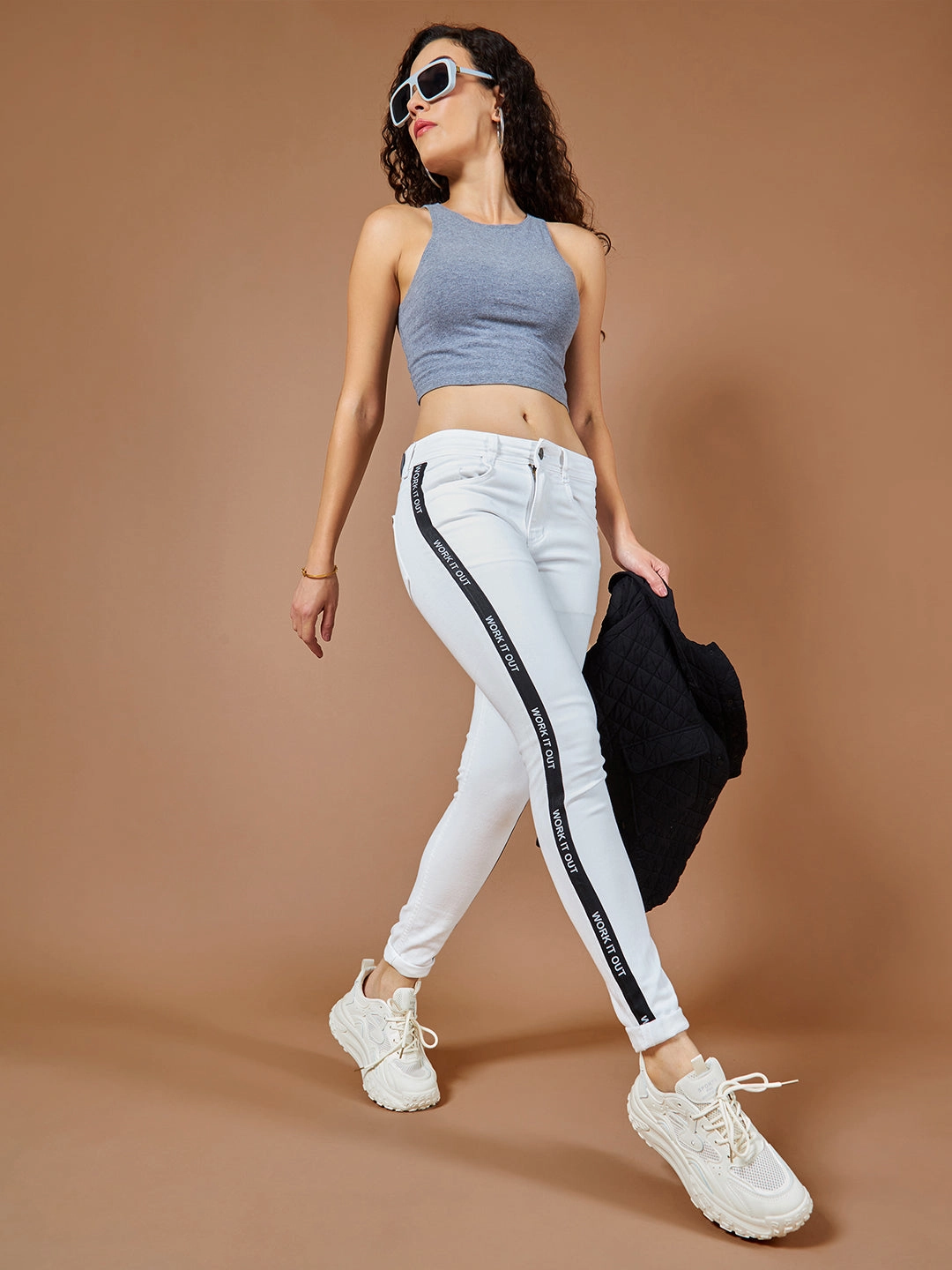 Women's White Skinny Mid-Rise Printed Twill Tape Detailing Stretchable Denim Jeans Timeless Wear