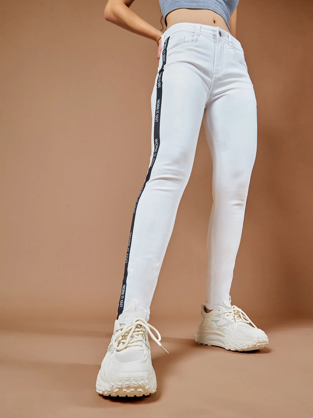 Women's White Skinny Mid-Rise Printed Twill Tape Detailing Stretchable Denim Jeans Outerwear Friendly tailored look