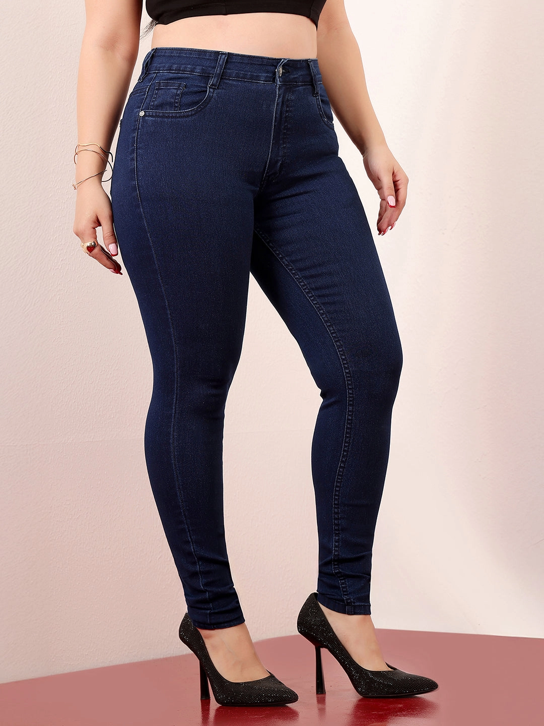 Brunch Outfit Night Out Women's Navy Blue Skinny-Fit Mid Rise Regular-Length Denim Stretchable Jeans