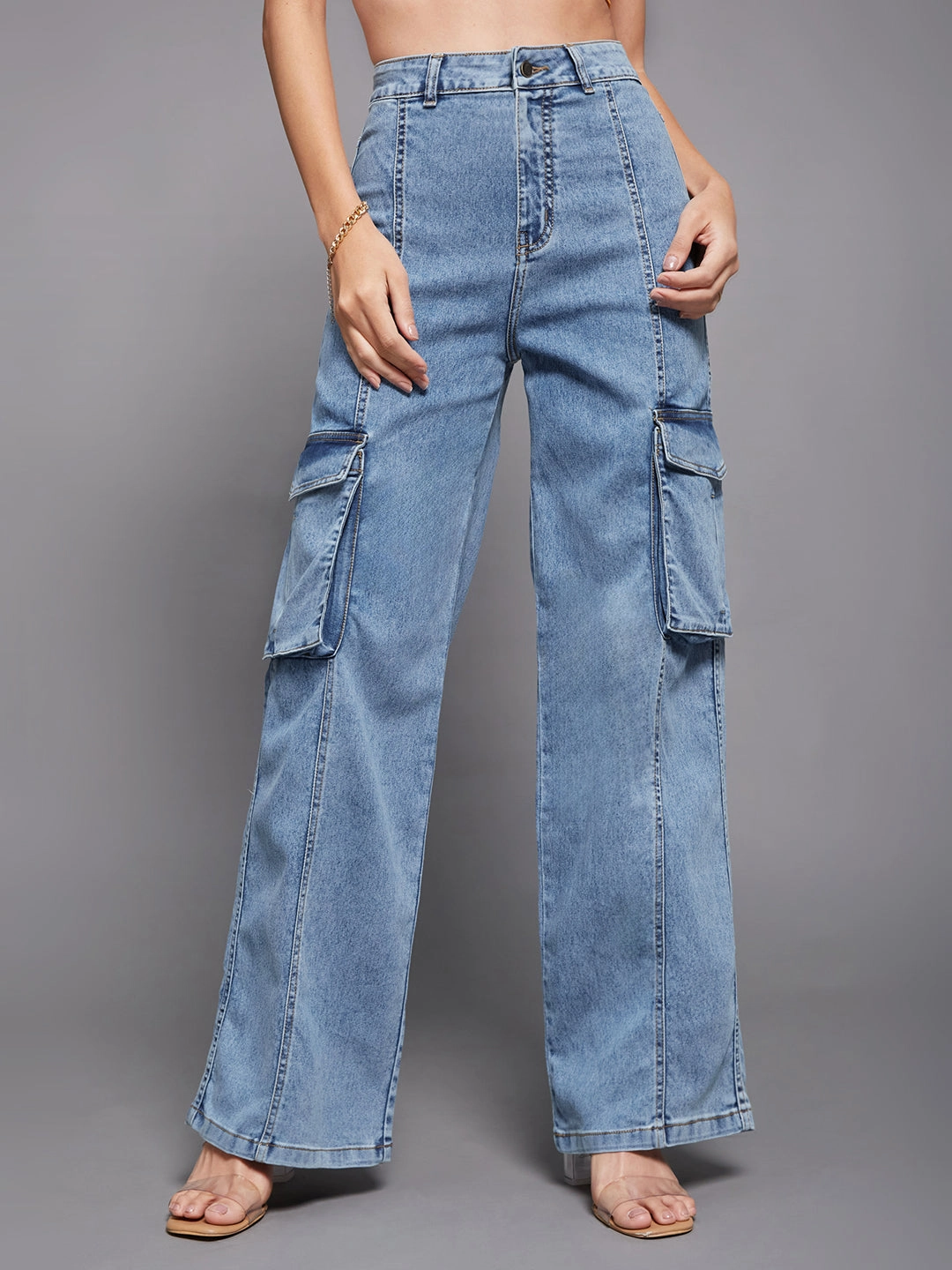 Button Fly Option 24/7 Comfort Blue Wide-Leg High-Rise Stretchable Cargo Denim Jeans