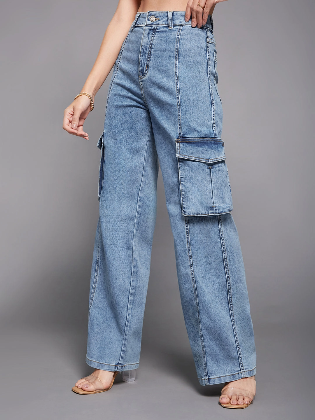 All Round Wear Music Event Smooth Casual 24/7 Comfort Blue Wide-Leg High-Rise Stretchable Cargo Denim Jeans