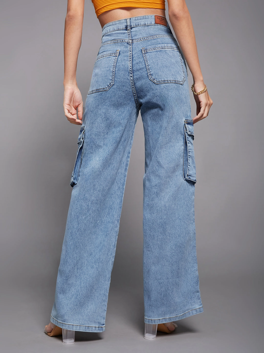 24/7 Comfort Blue Wide-Leg High-Rise Stretchable Cargo Denim Jeans Office Casual Essential Piece