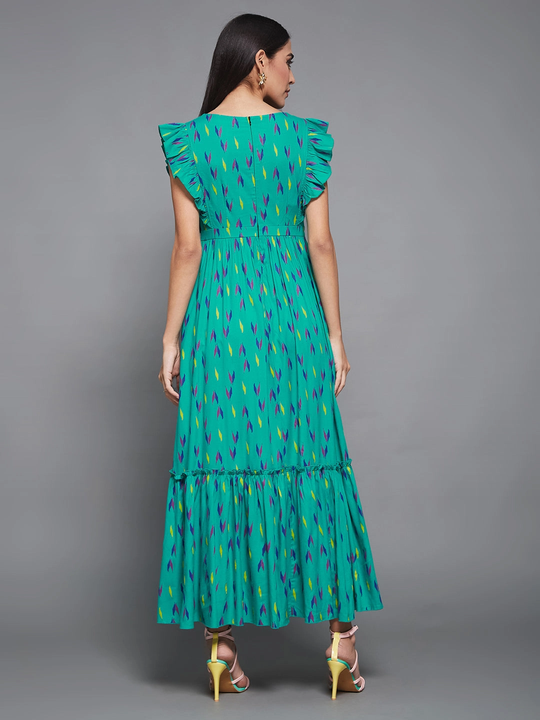 Turquoise Green Viscose Rayon Geometric Maxi  Tiered Dress Soft and Stylish