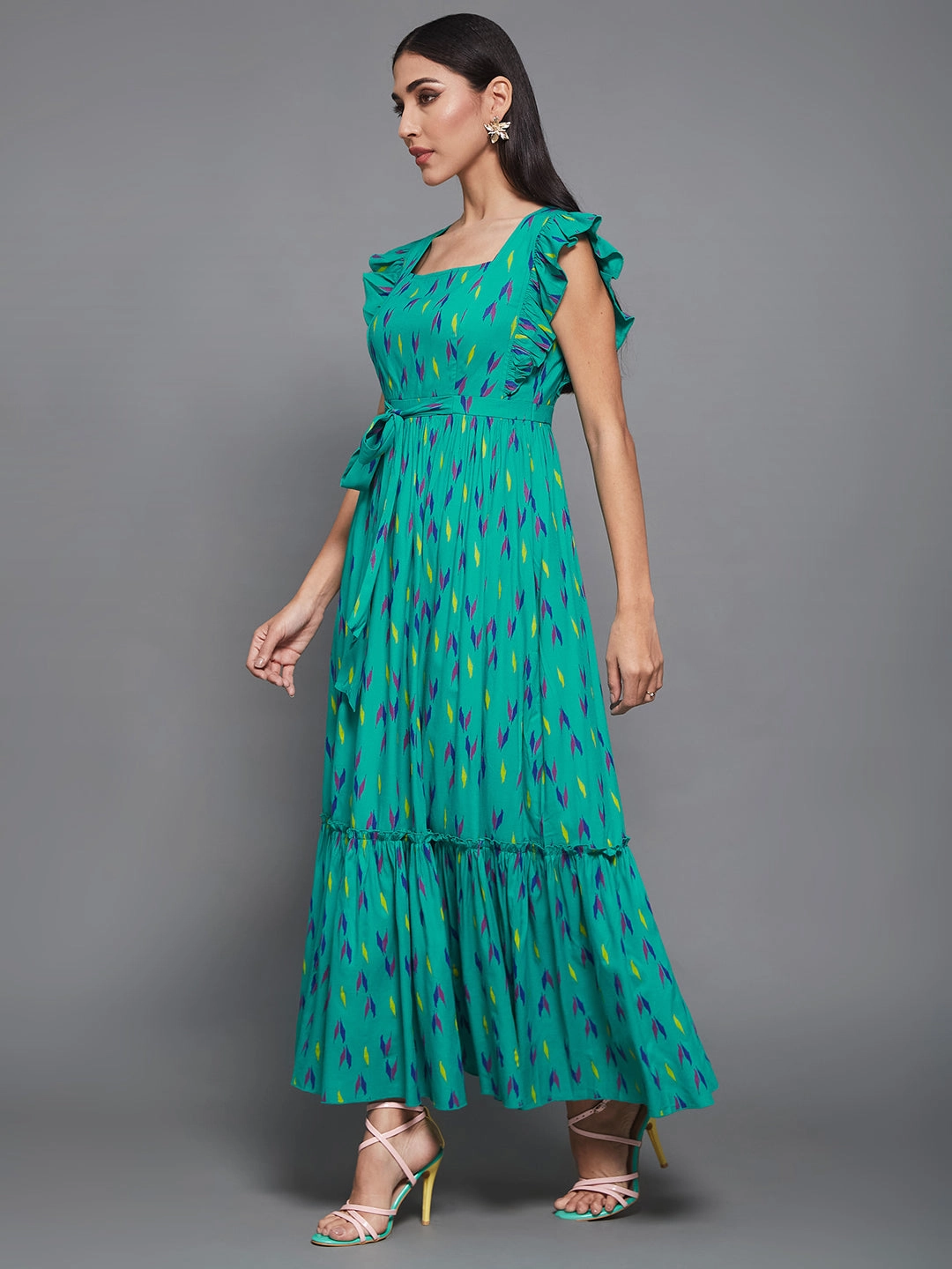 Day Fit Turquoise Green Viscose Rayon Geometric Maxi  Tiered Dress