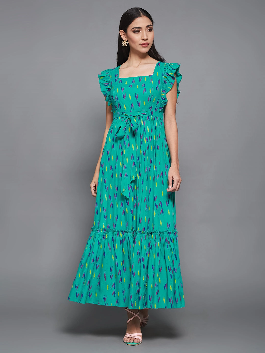Urban Motion Playful Twist Turquoise Green Viscose Rayon Geometric Maxi  Tiered Dress