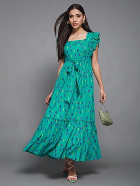 Turquoise Green Viscose Rayon Geometric Maxi  Tiered Dress soft elegance Belted-Style