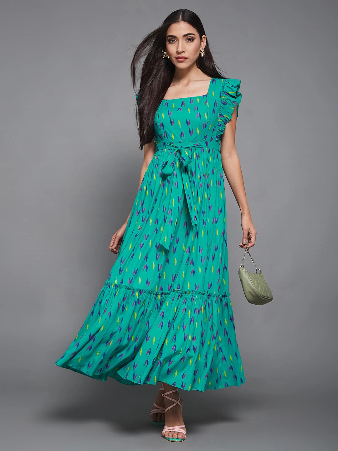 Turquoise Green Viscose Rayon Geometric Maxi  Tiered Dress soft elegance Belted-Style