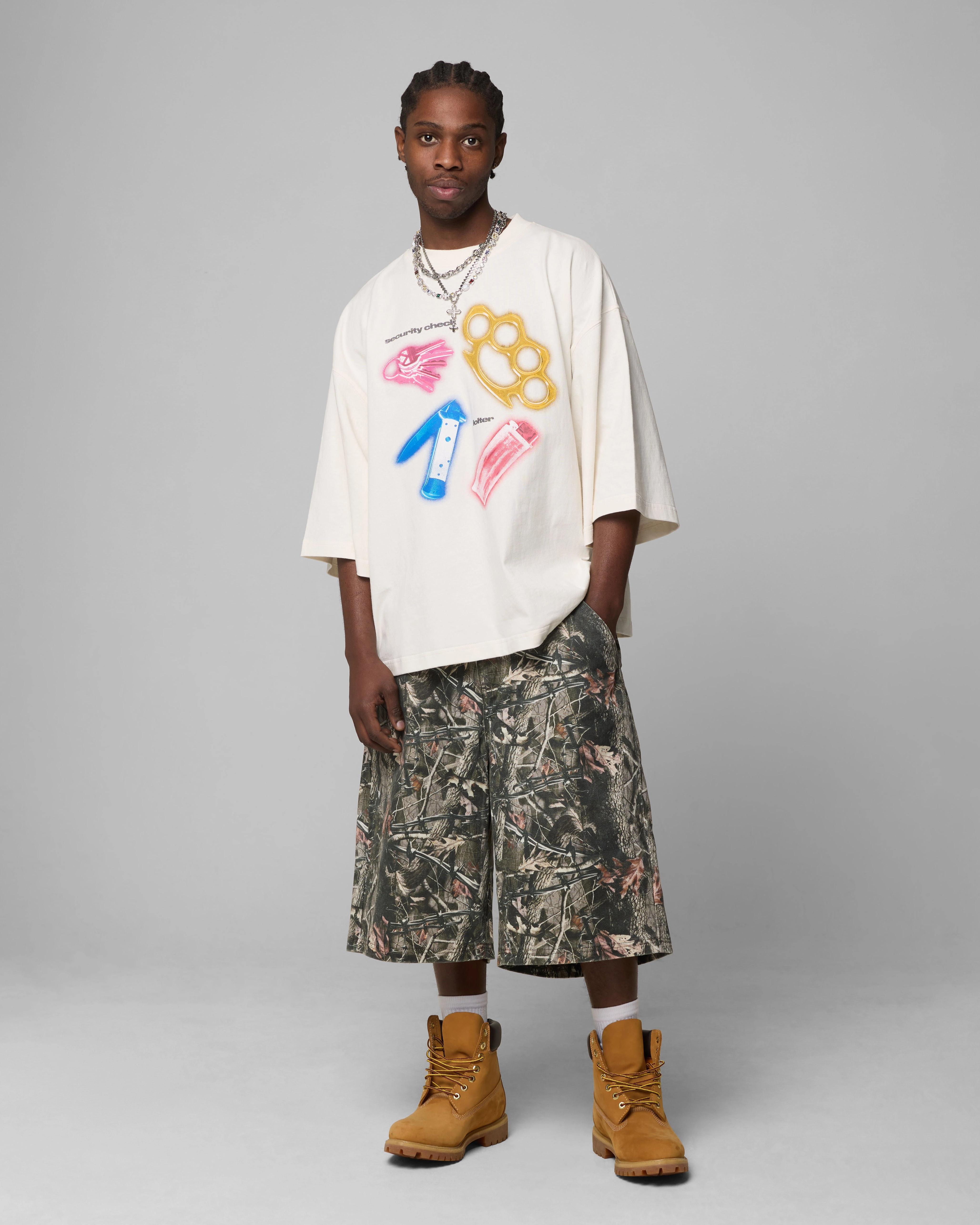 SoftFeel Fabric Loiter Security Check Box T-Shirt Off White