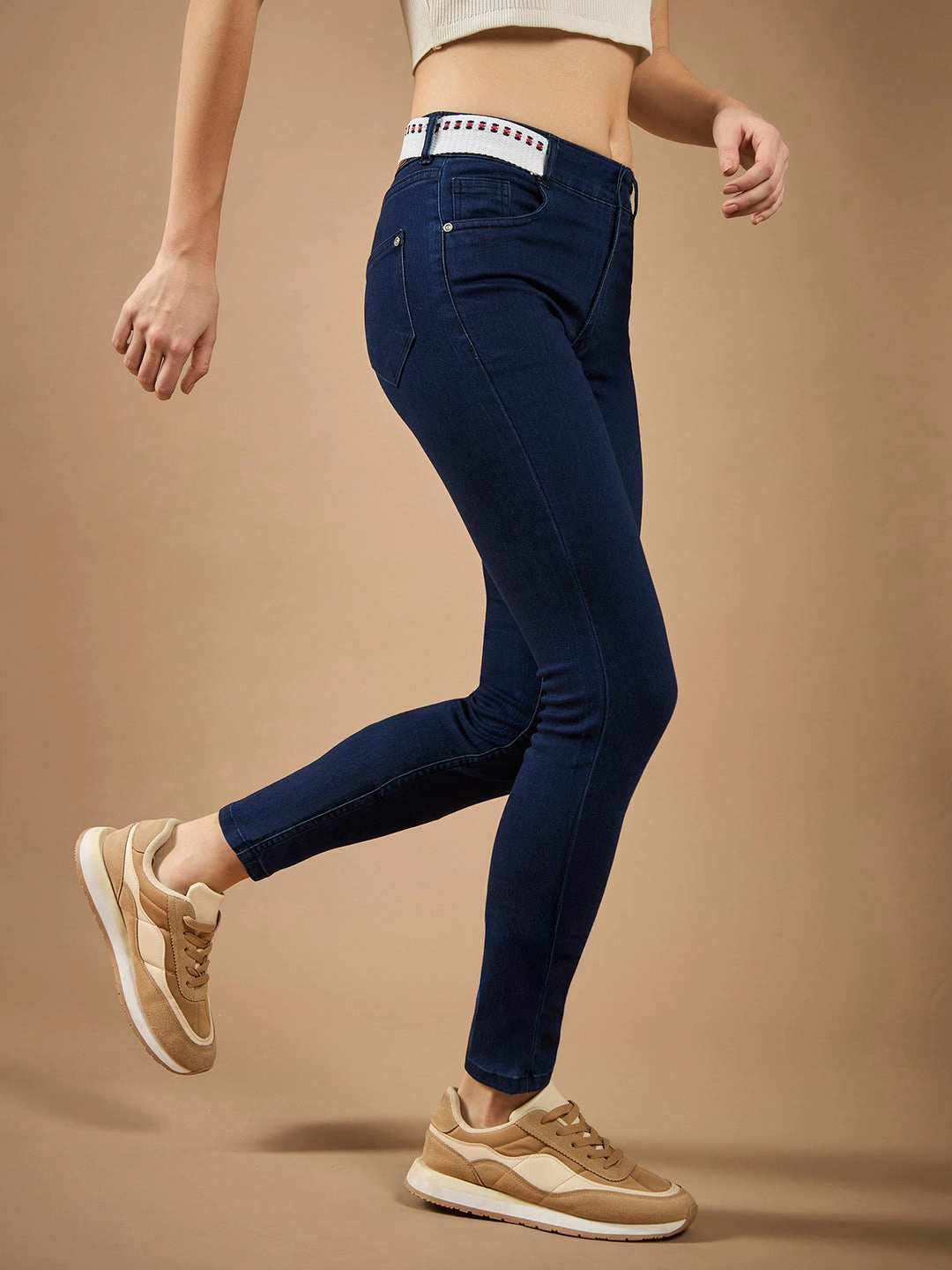 Textured Vibrant Women's Navy Blue Skinny-Fit Mid-Rise Regular-Length Twill Tape Detailing Denim Stretchable Jeans