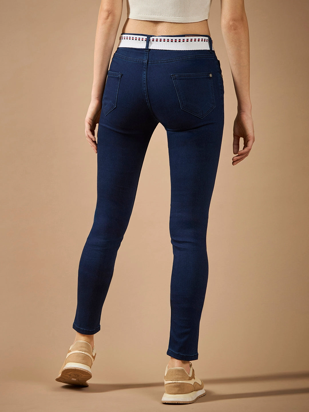 Timeless Fit Popular Style Women's Navy Blue Skinny-Fit Mid-Rise Regular-Length Twill Tape Detailing Denim Stretchable Jeans