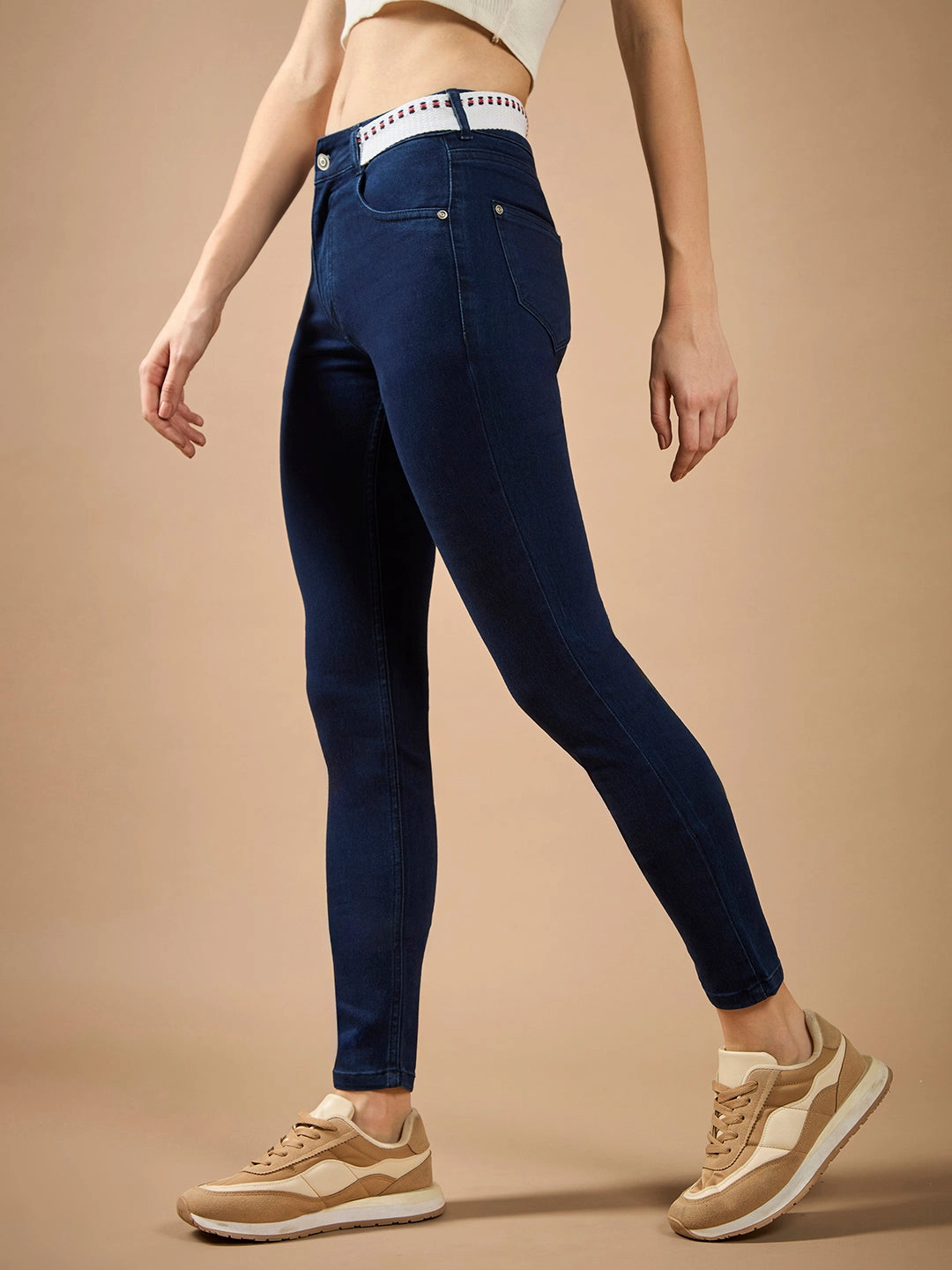 Women's Navy Blue Skinny-Fit Mid-Rise Regular-Length Twill Tape Detailing Denim Stretchable Jeans Light material Slim Sunny Vibes Festival Outfit