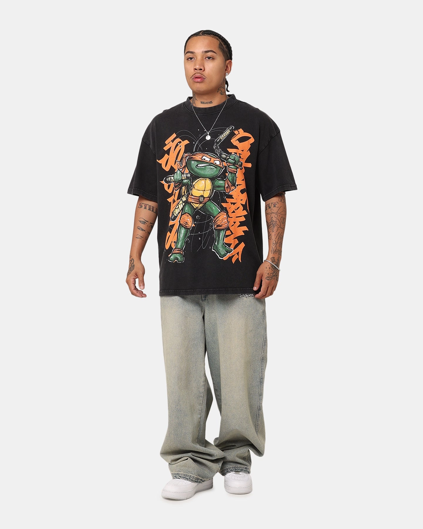 Goat Crew X Teenage Mutant Ninja Turtles Michelangelo X Sofles Vintage T-Shirt Black Acidwash SeamFreeShoulder