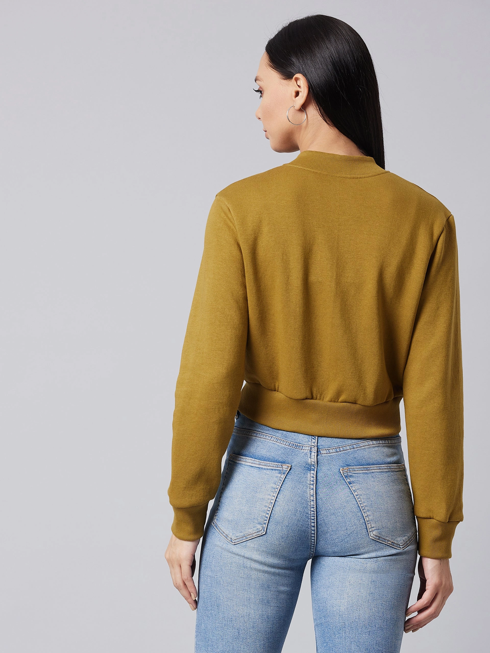 Women's Olive Stand Collar Full Sleeve Solid Boxy/Bomber Crop Jacket Pocket Details Eco Conscious Dye Process