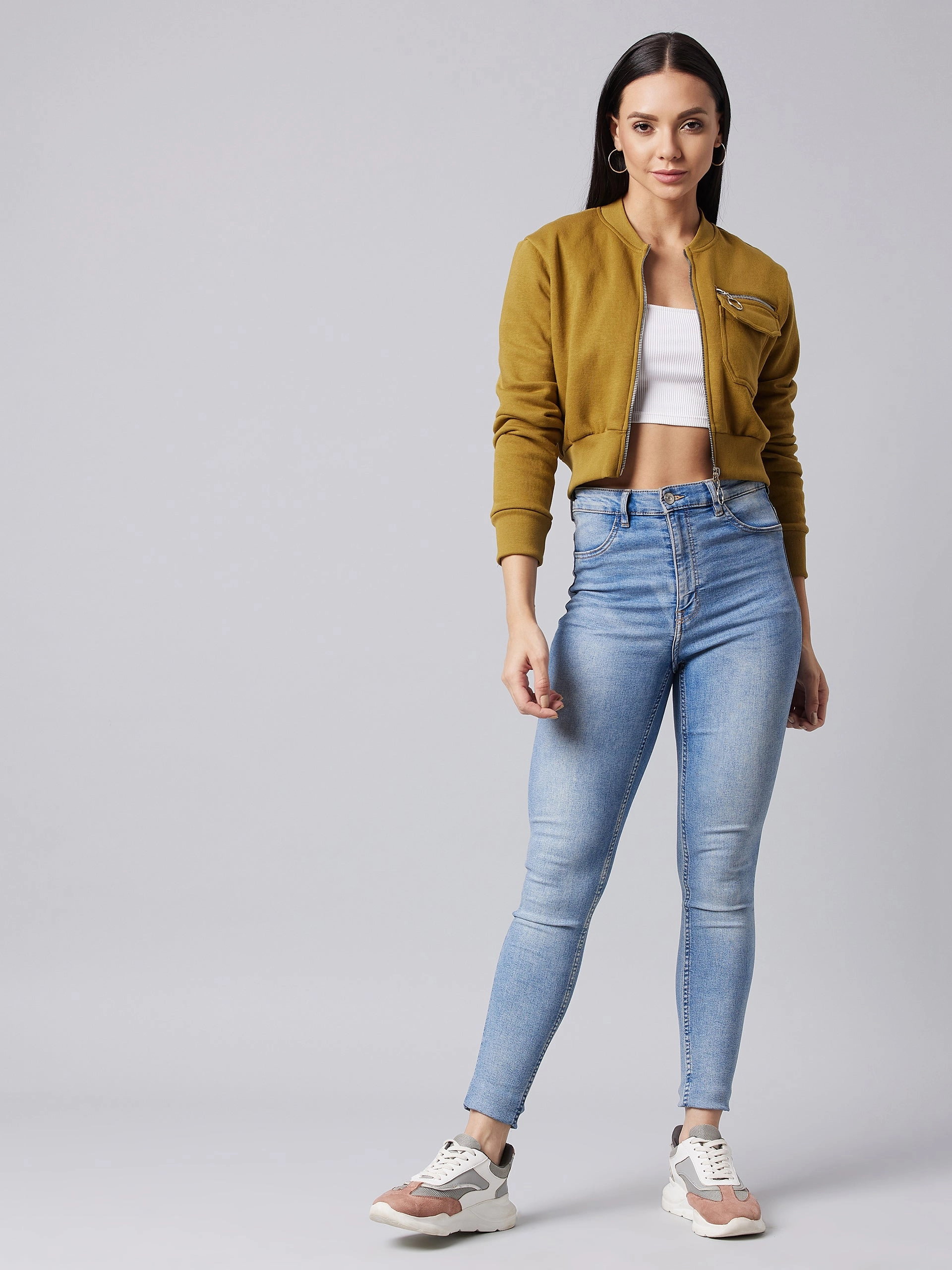 Heat Retention Lining Women's Olive Stand Collar Full Sleeve Solid Boxy/Bomber Crop Jacket