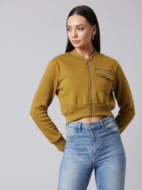 Compact Design Outdoor Adventure Women's Olive Stand Collar Full Sleeve Solid Boxy/Bomber Crop Jacket