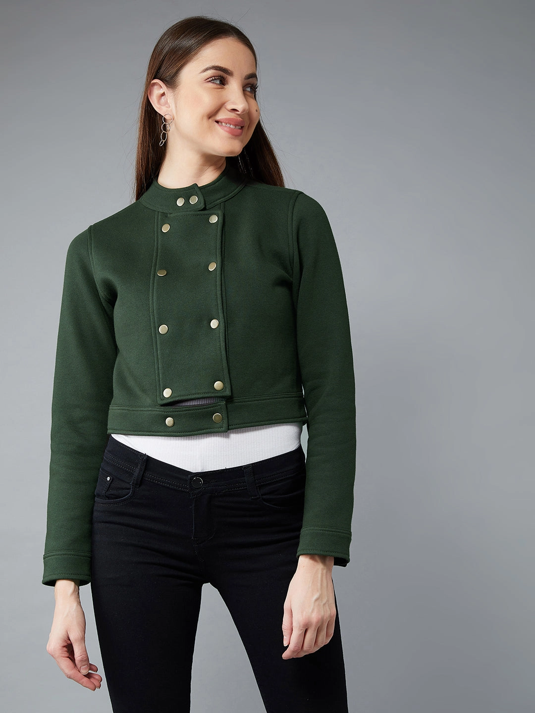Women's Green Round Neck Full Sleeves Cotton Paneled Cropped Jacket Travel Light Fit Mild Weather