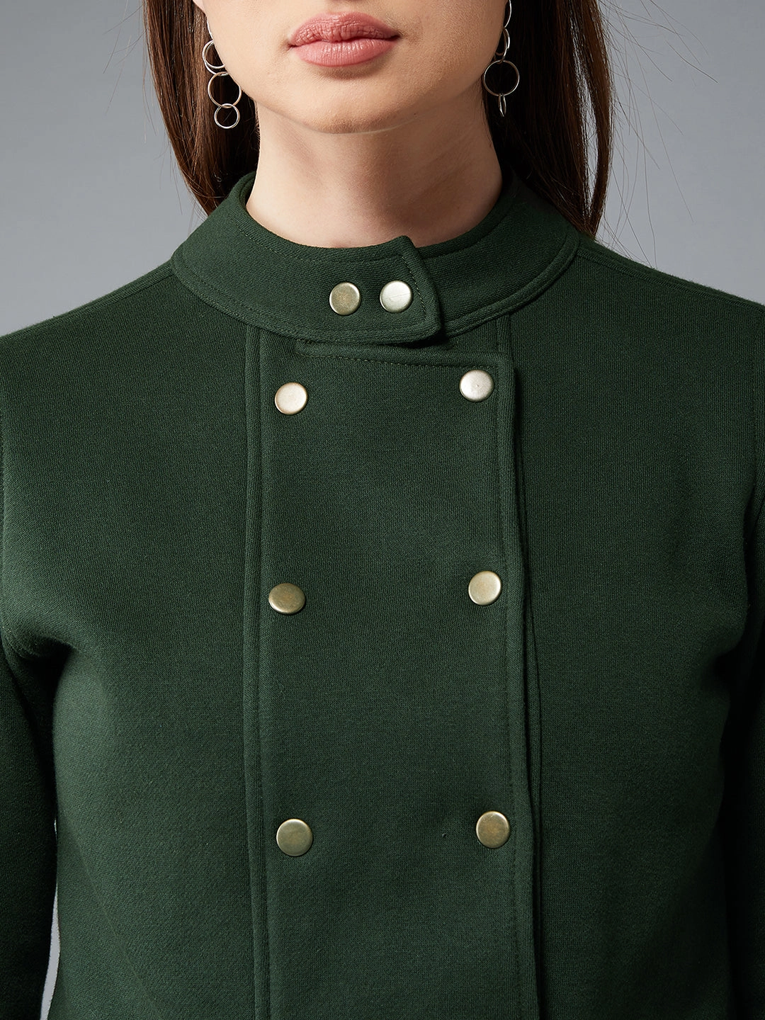 Women's Green Round Neck Full Sleeves Cotton Paneled Cropped Jacket Stylish Comfort
