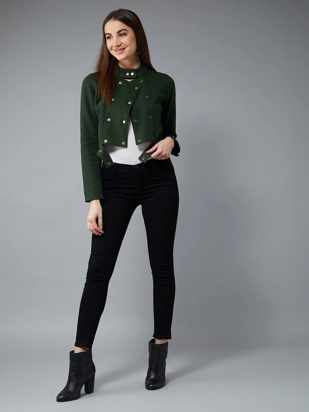 Women's Green Round Neck Full Sleeves Cotton Paneled Cropped Jacket CompressionPackableFabric