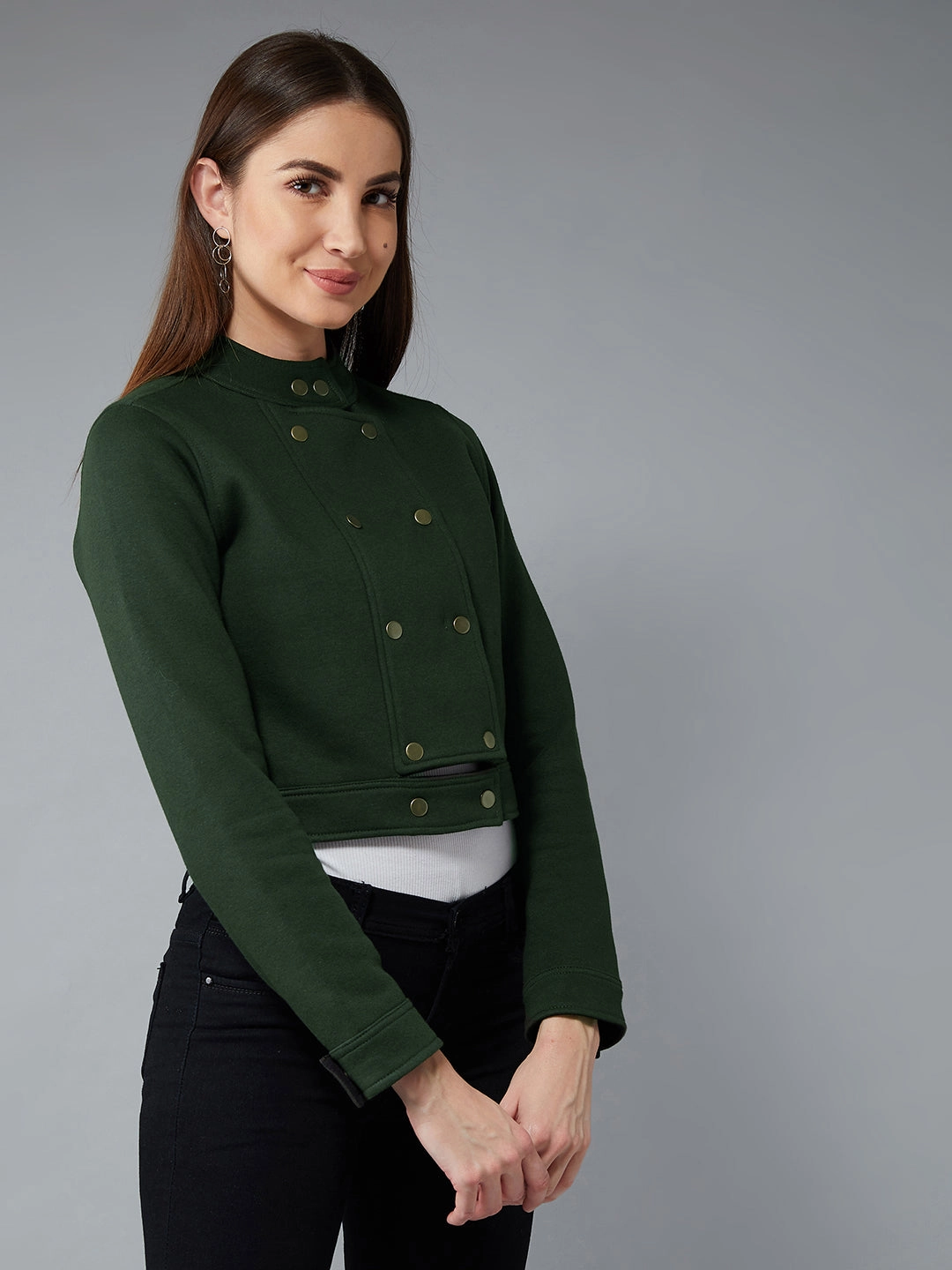Women's Green Round Neck Full Sleeves Cotton Paneled Cropped Jacket Smart Casual Piece