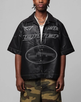 Loiter Motor PU Leather Button Up Shirt Black Sporty Sweatshirt