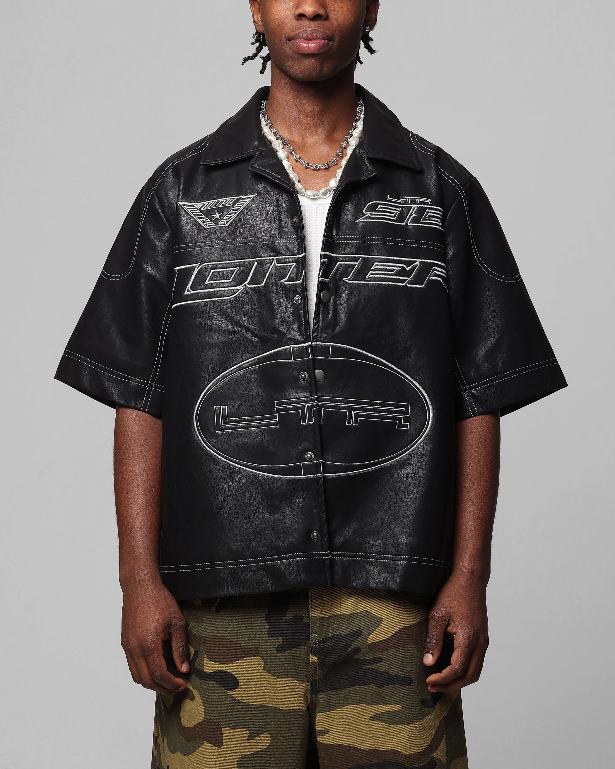 Loiter Motor PU Leather Button Up Shirt Black Sporty Sweatshirt