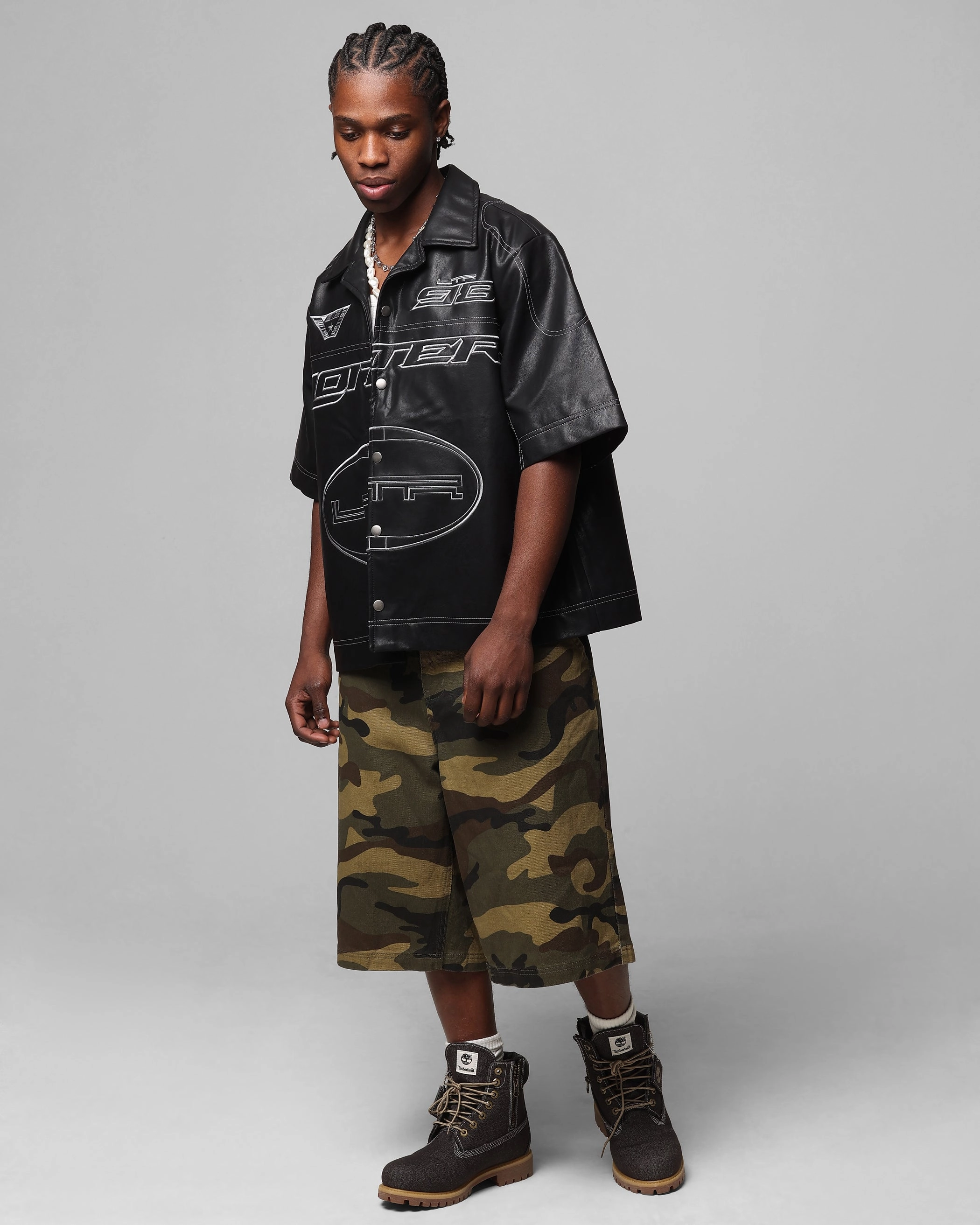 LowProfileDesign MultiFunctionalDesign Loiter Motor PU Leather Button Up Shirt Black