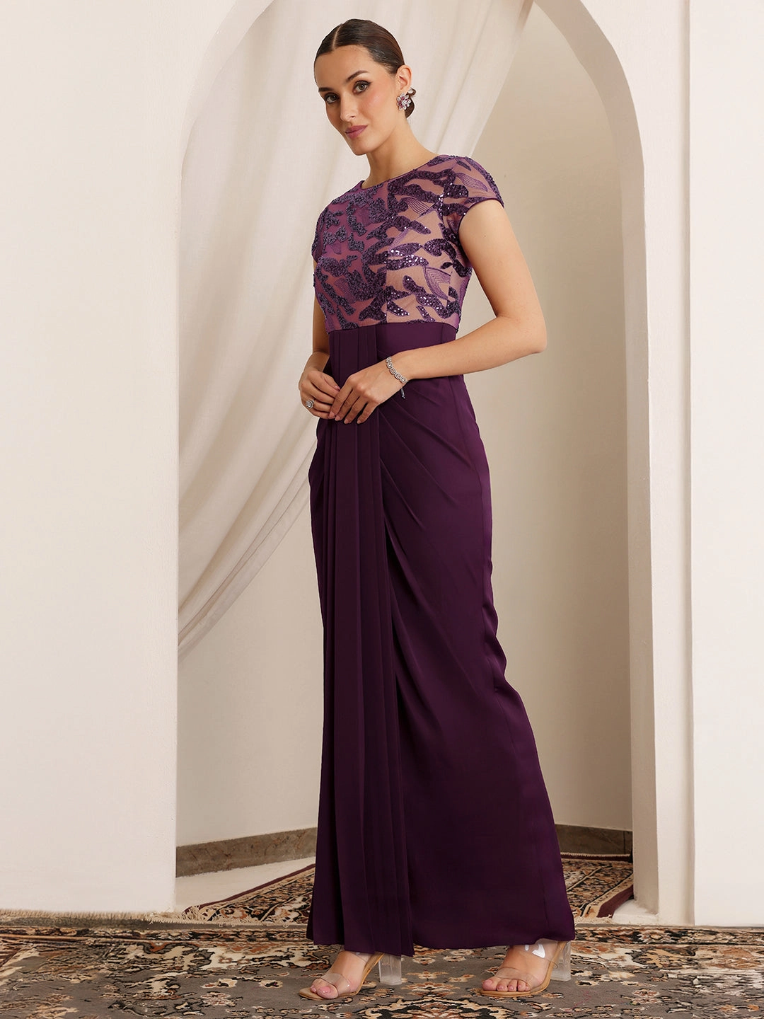 Women's Purple Round Neck Short Sleeve Embellished Pleated Satin Maxi Dress Calm Drape