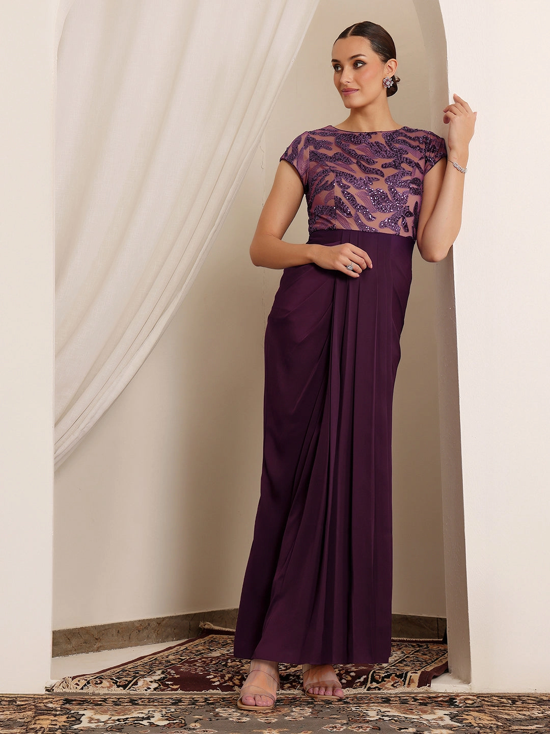 Full Coverage Women's Purple Round Neck Short Sleeve Embellished Pleated Satin Maxi Dress