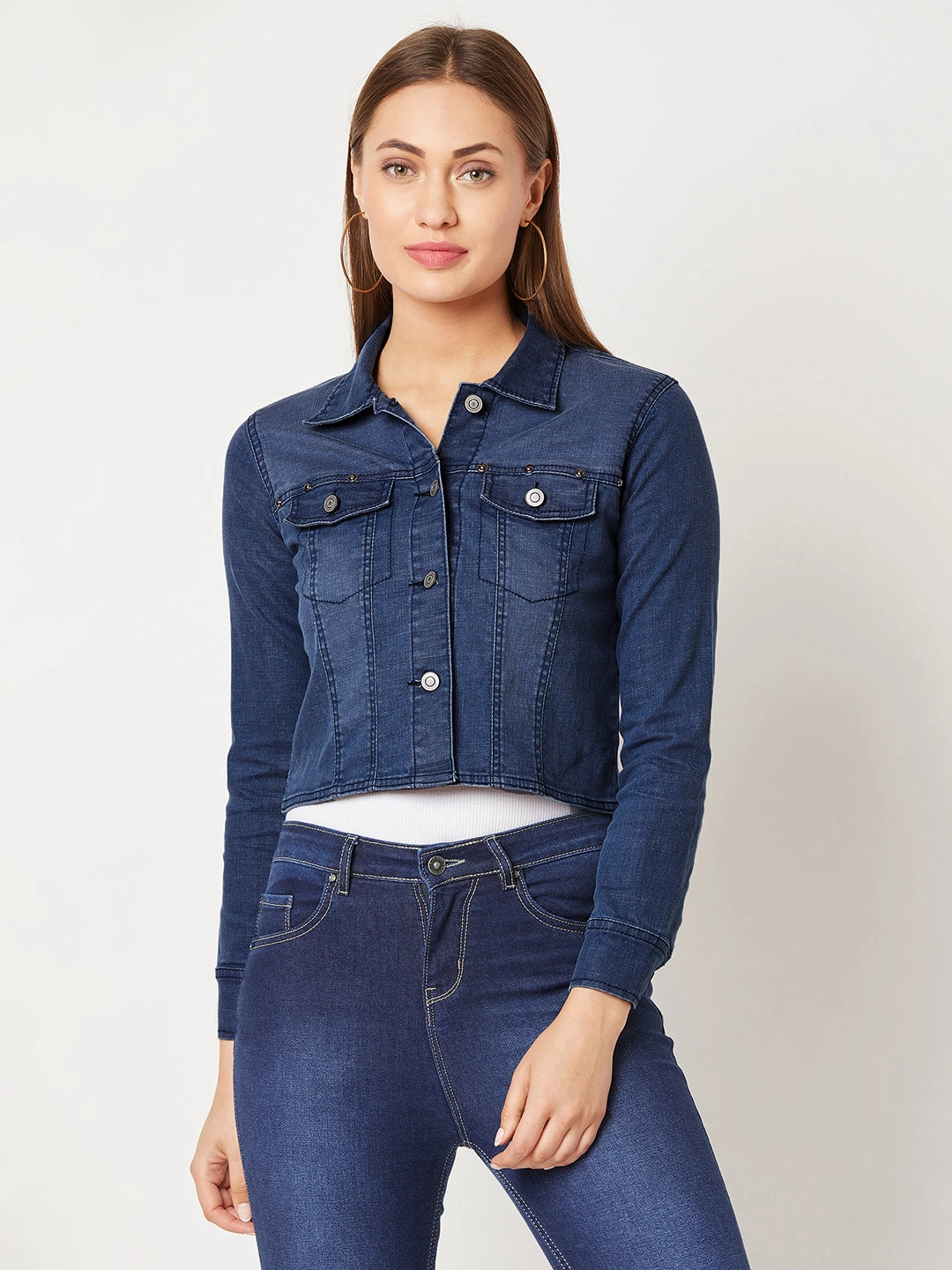 Bomber Cut Weekend Ready Women's Navy Blue Solid Polo Neck Full Sleeves Buttoned Denim Embellished Cropped Jacket