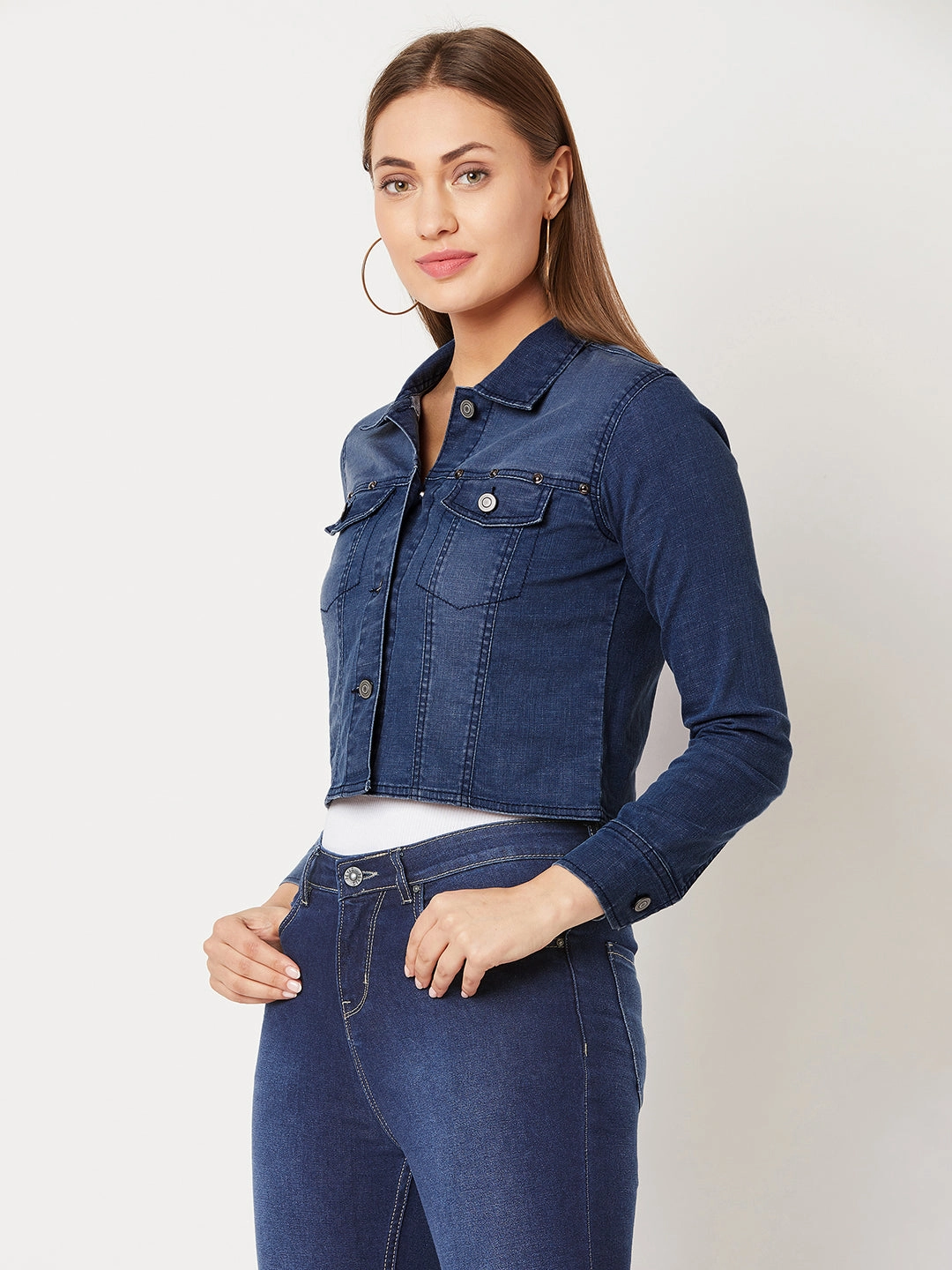 Packable Feature Women's Navy Blue Solid Polo Neck Full Sleeves Buttoned Denim Embellished Cropped Jacket