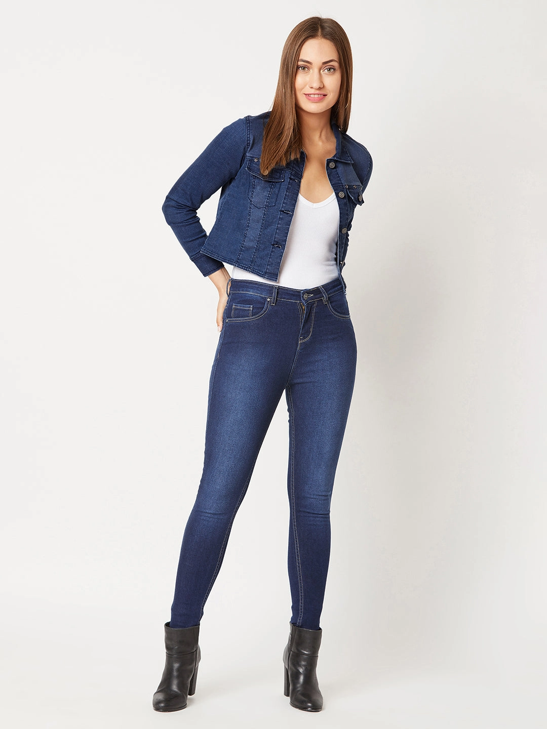 Women's Navy Blue Solid Polo Neck Full Sleeves Buttoned Denim Embellished Cropped Jacket Polished Look