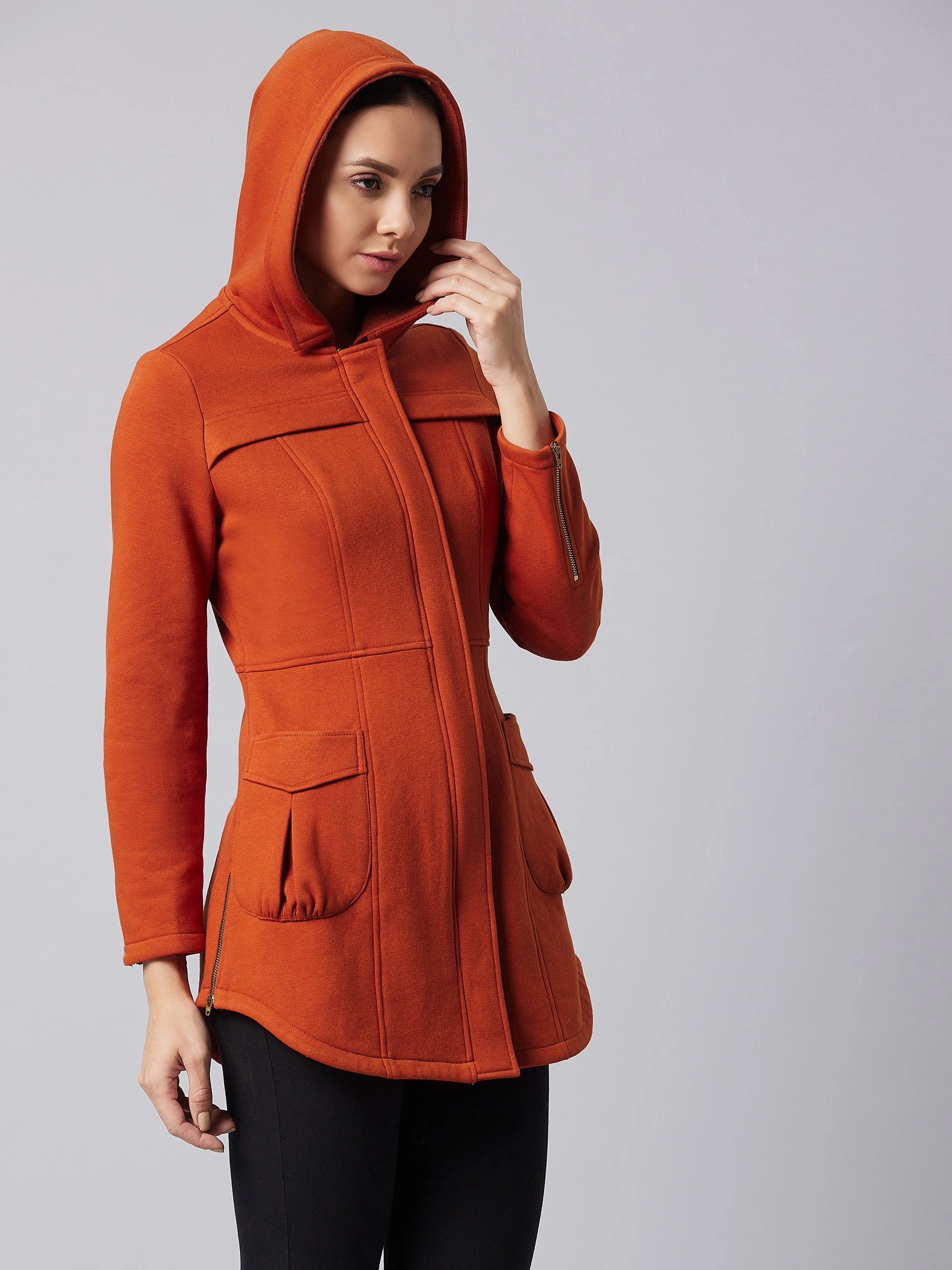 Women's Rust Hooded Full Sleeve Solid Hooded Longline Jacket Breathable Outer Shell