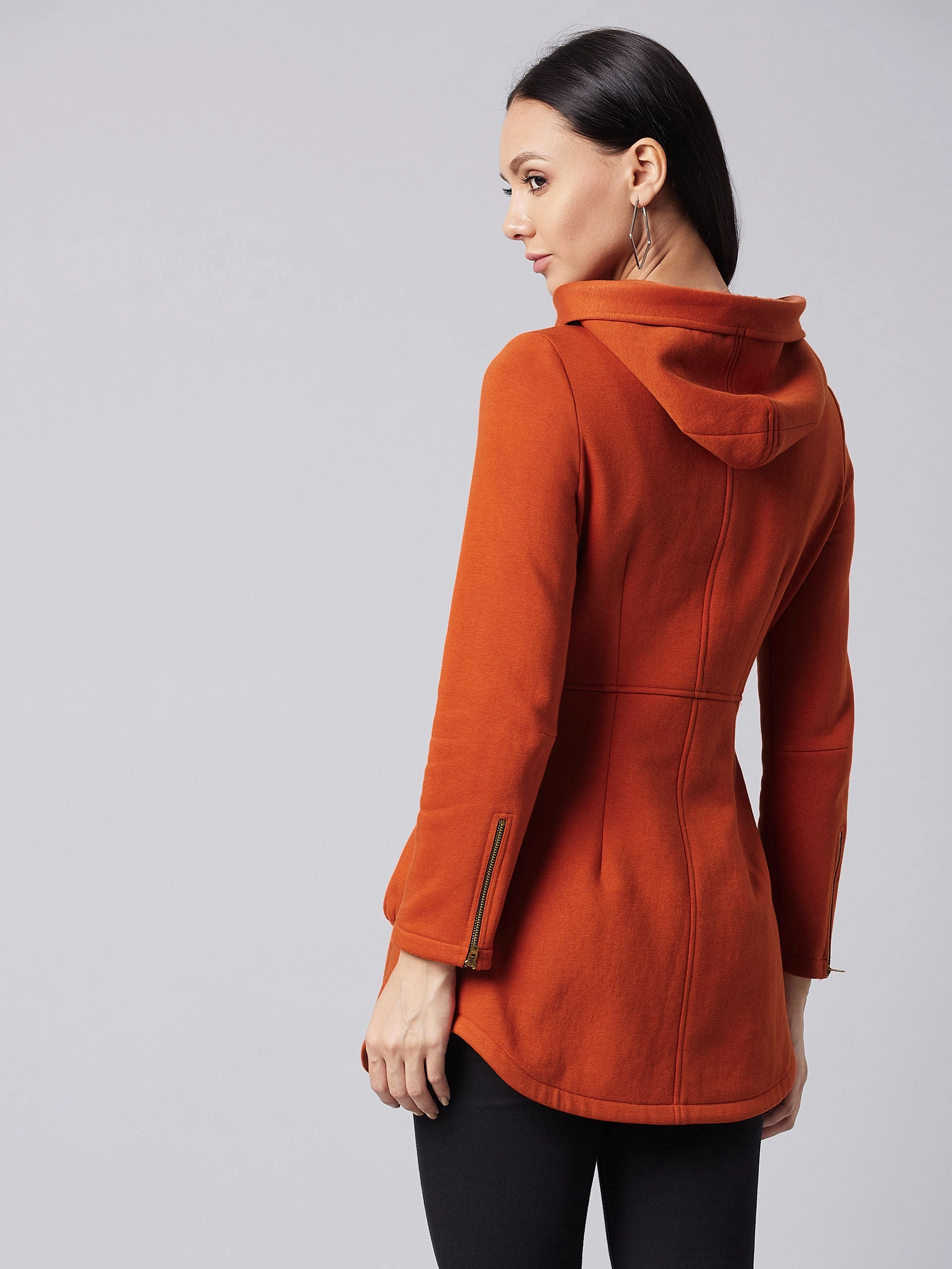 Flexible Fit Wear Women's Rust Hooded Full Sleeve Solid Hooded Longline Jacket