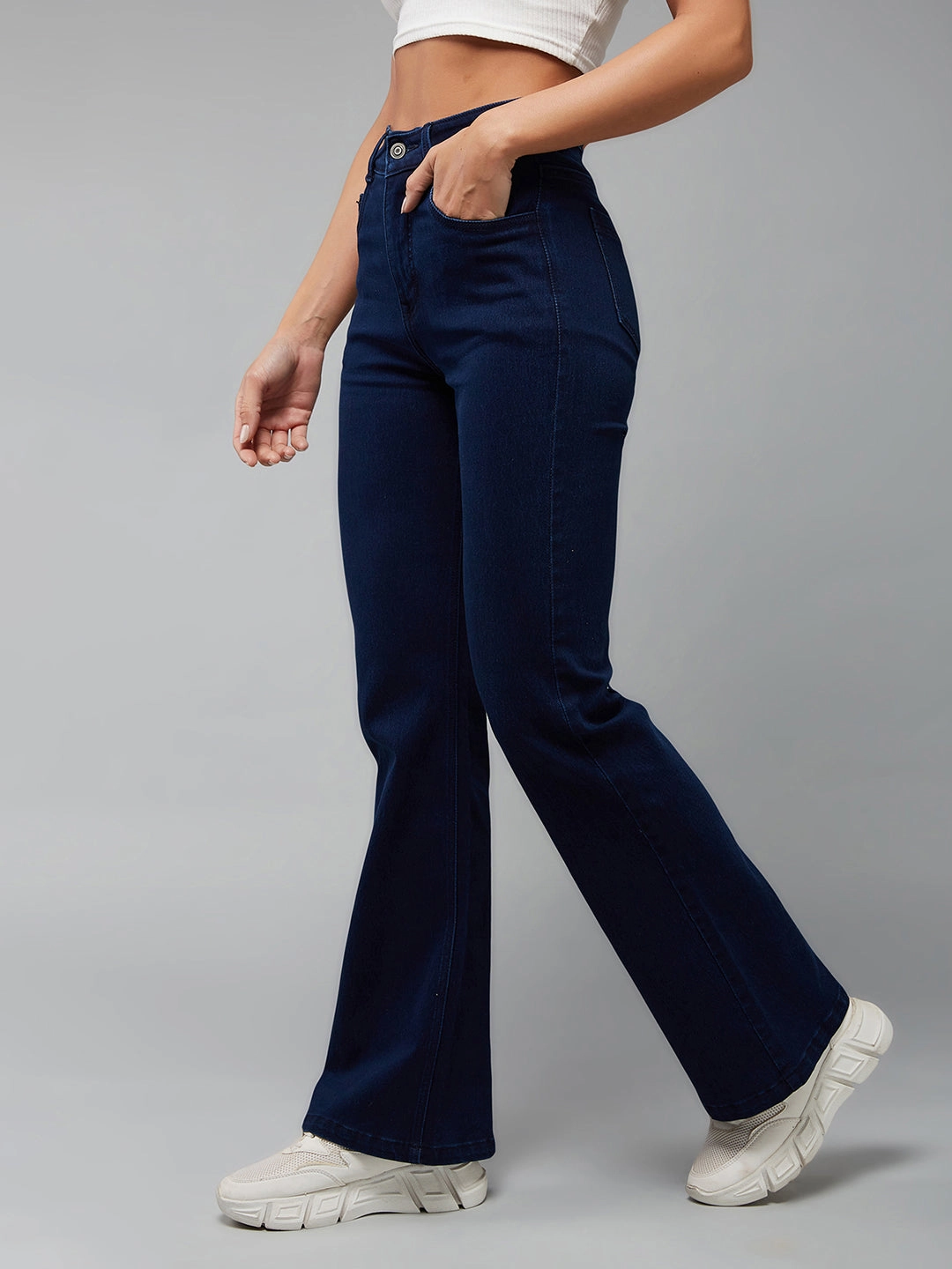 CHASEshape? Navy-Blue Bootcut High-Rise Stretchable Denim Jeans Party Look Modern Minimalist