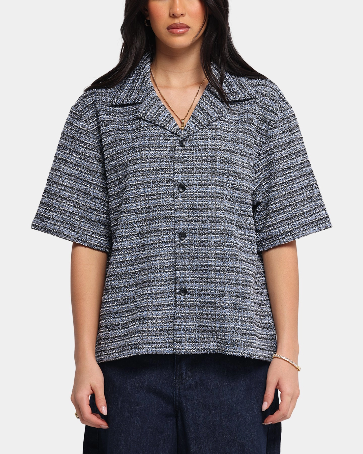 XXIII Boucle Tweed Crop Button Up Shirt Black/White/Blue MoistureWickingMaterial ConvertibleCollarSystem