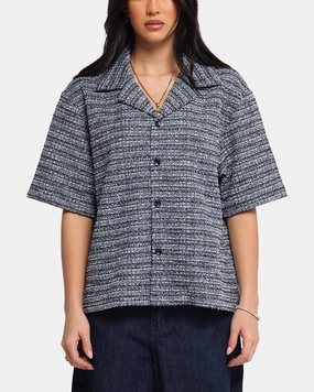 XXIII Boucle Tweed Crop Button Up Shirt Black/White/Blue MoistureWickingMaterial ConvertibleCollarSystem
