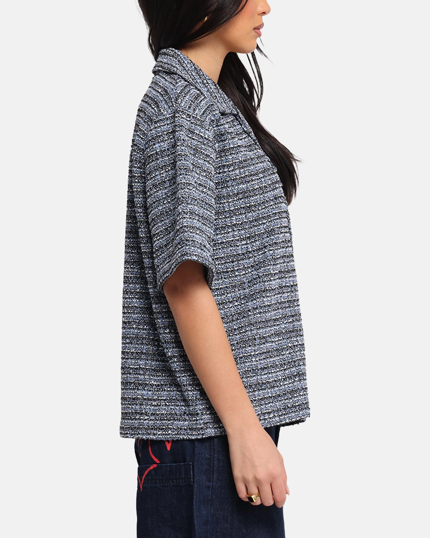 XXIII Boucle Tweed Crop Button Up Shirt Black/White/Blue preshrunk Buttonless Closure