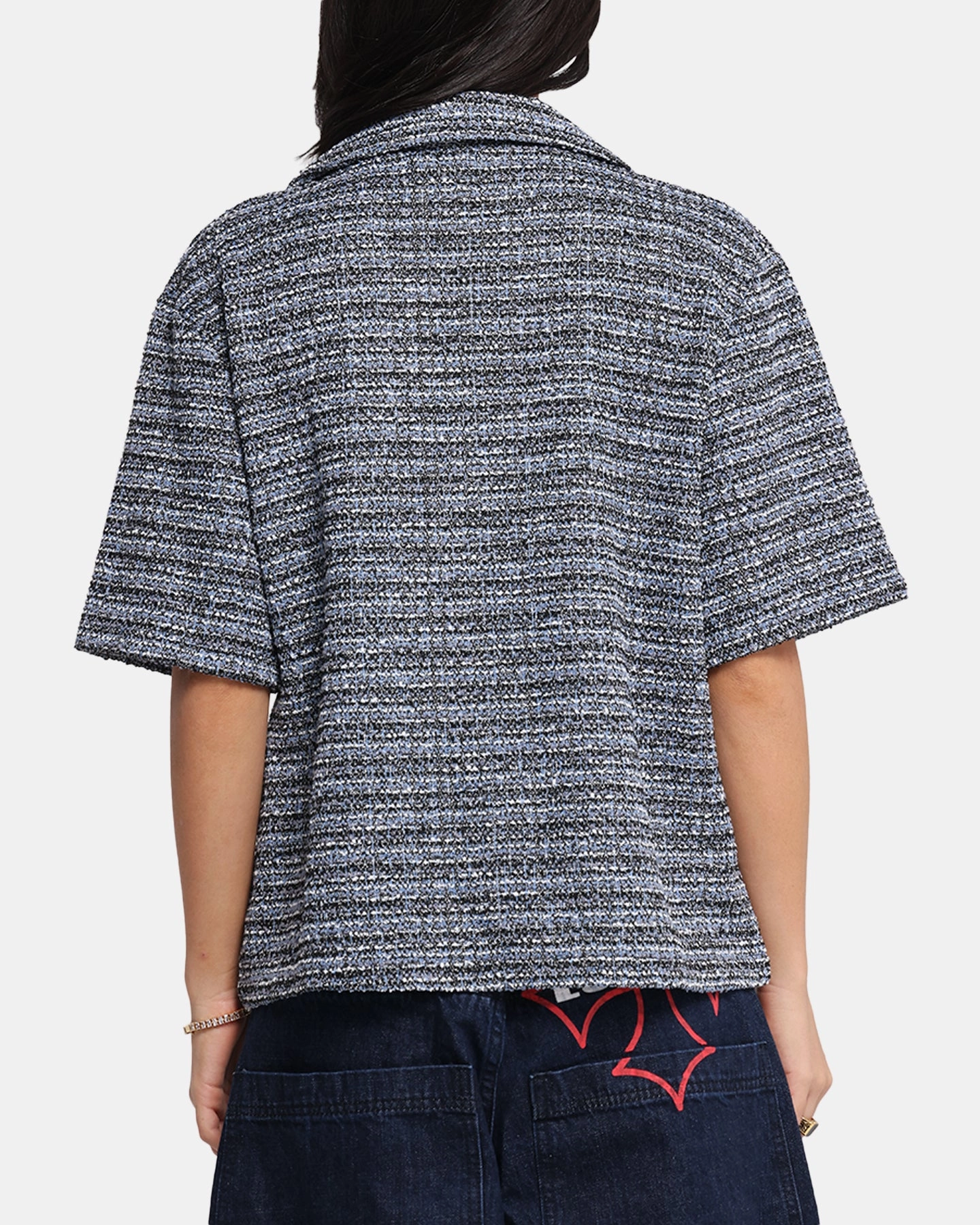 Fashionable Fit XXIII Boucle Tweed Crop Button Up Shirt Black/White/Blue