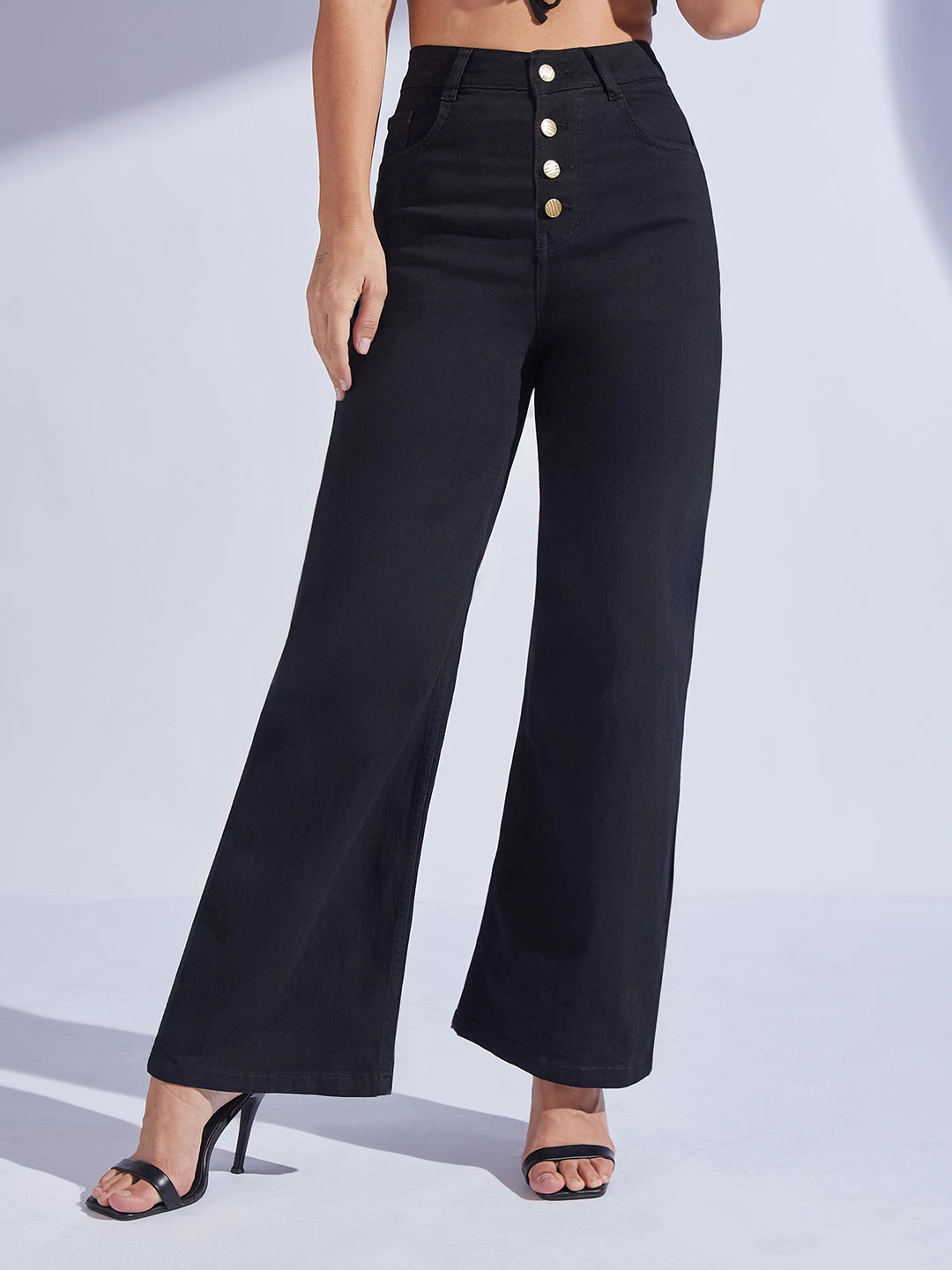 Easy Routine Comfortable Fit Design 24/7 Comfort Black Wide Leg High-Rise Regular Stretchable Denim Jeans