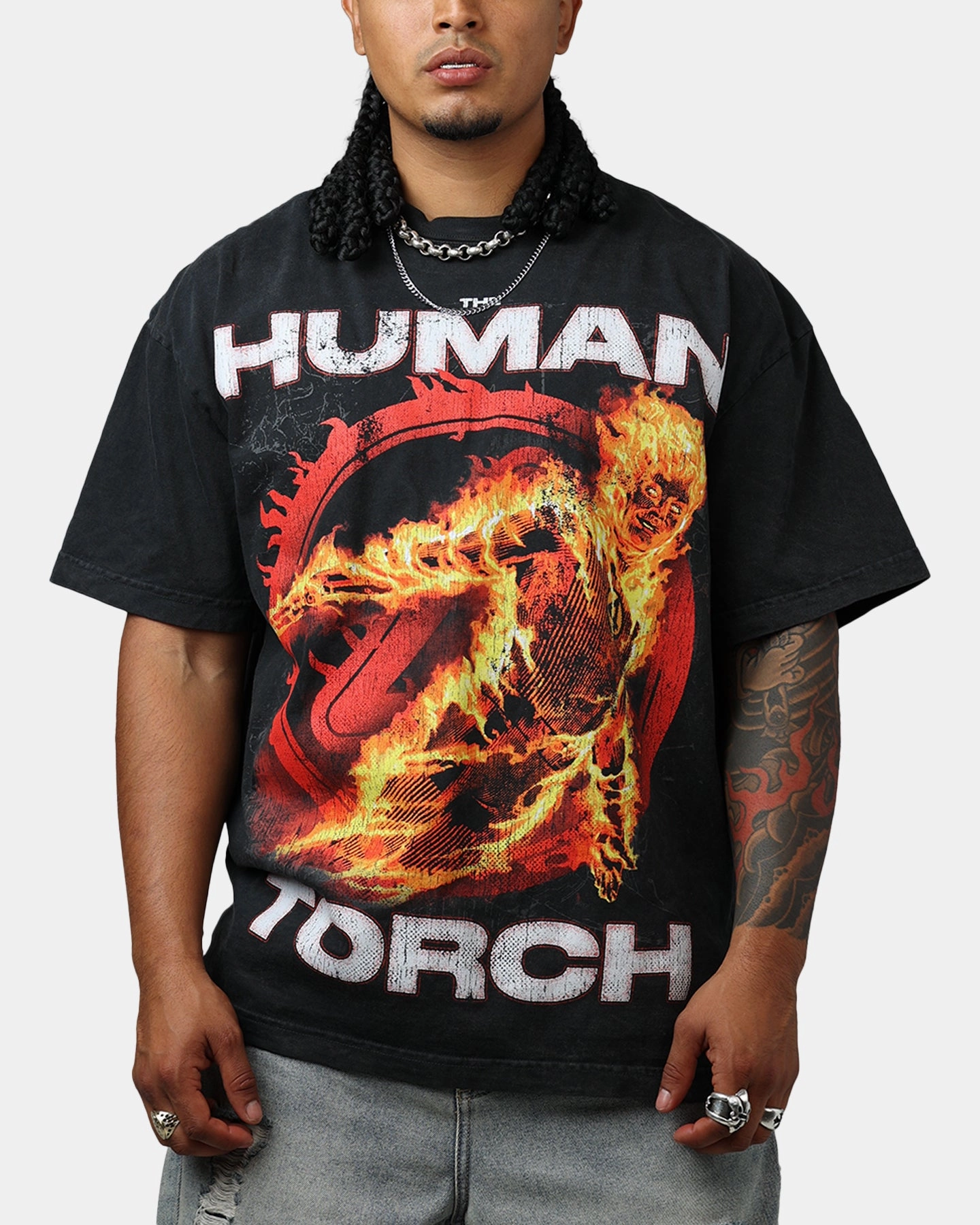 Goat Crew Marvel Fantastic Four Human Torch Fire Vintage T-Shirt Black Acidwash StretchableKnit