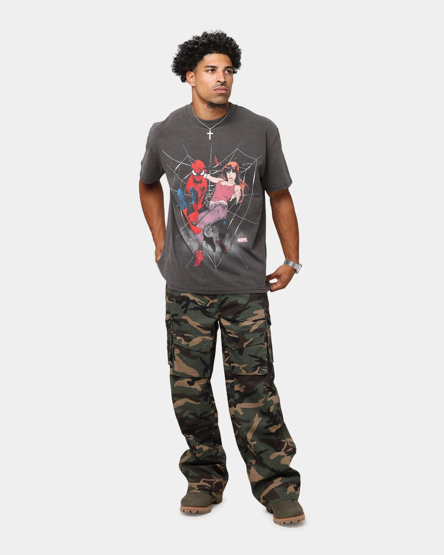 Goat Crew Marvel??s Spider-Man Peter Parker & MJ Heavyweight T-Shirt Black Wash Chic Look AdjustableCuffSystem