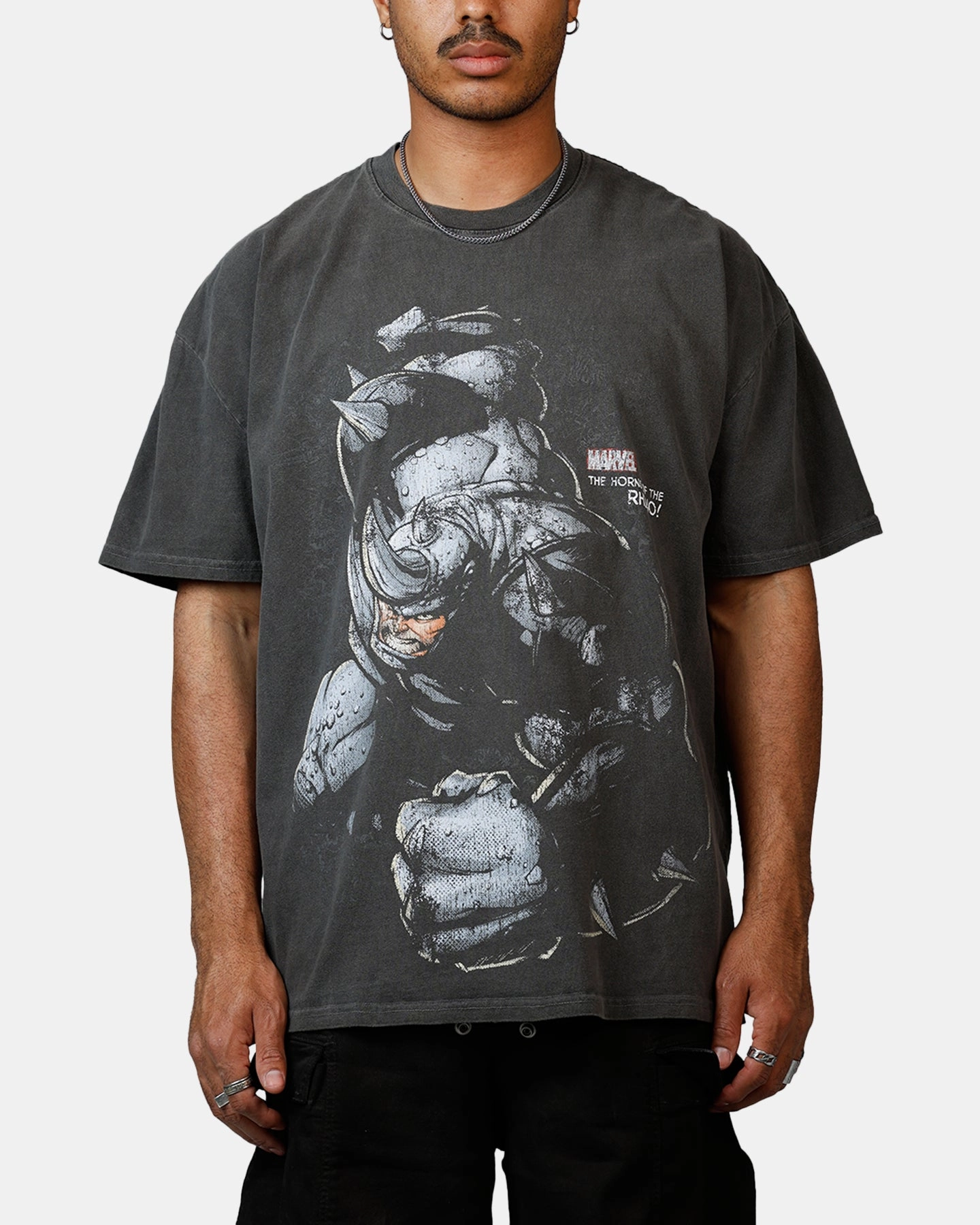 Goat Crew Marvel Sinister Six Rhino Heavyweight T-Shirt Black Wash Ribbed Hem Finish Hidden Pocket Design