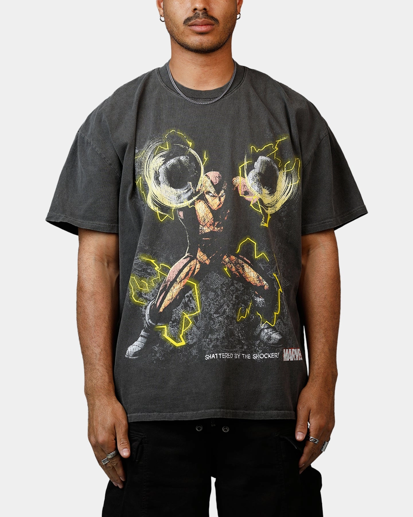 Goat Crew Marvel Sinister Six Shocker Heavyweight T-Shirt Black Wash Curved Hem CompressionSupportWeave