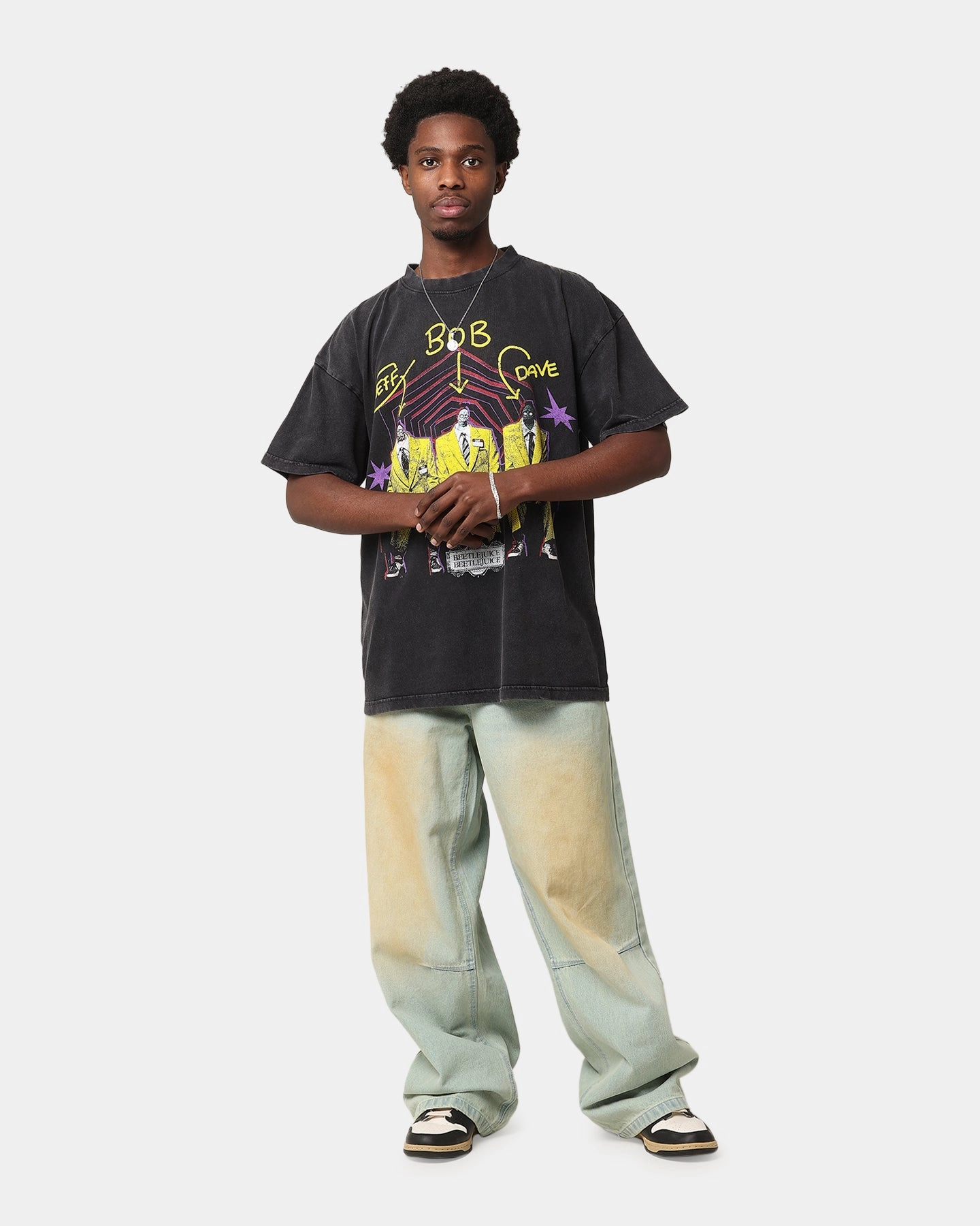 Goat Crew X Beetlejuice Jeff Bob Dave Vintage T-Shirt Black Acidwash Neutral Tone Palette
