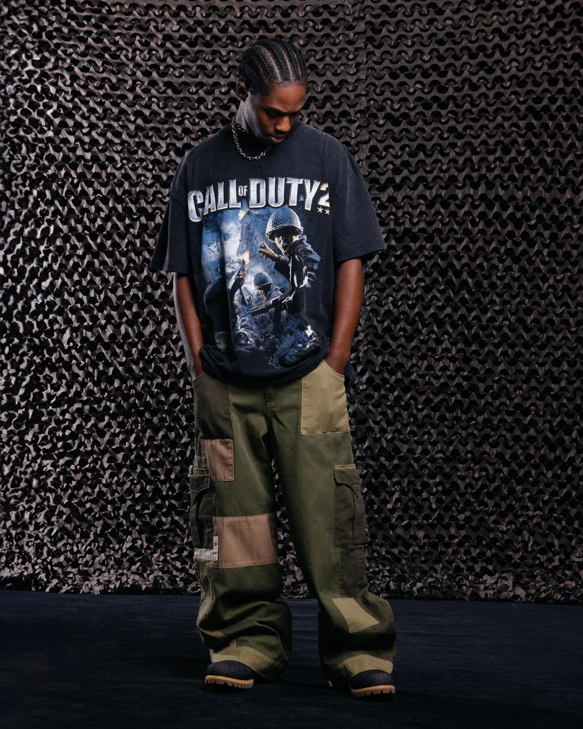 Goat Crew X Call Of Duty Call Of Duty 2 Vintage T-Shirt Black Acidwash Unlined Design DoubleLayered Collar
