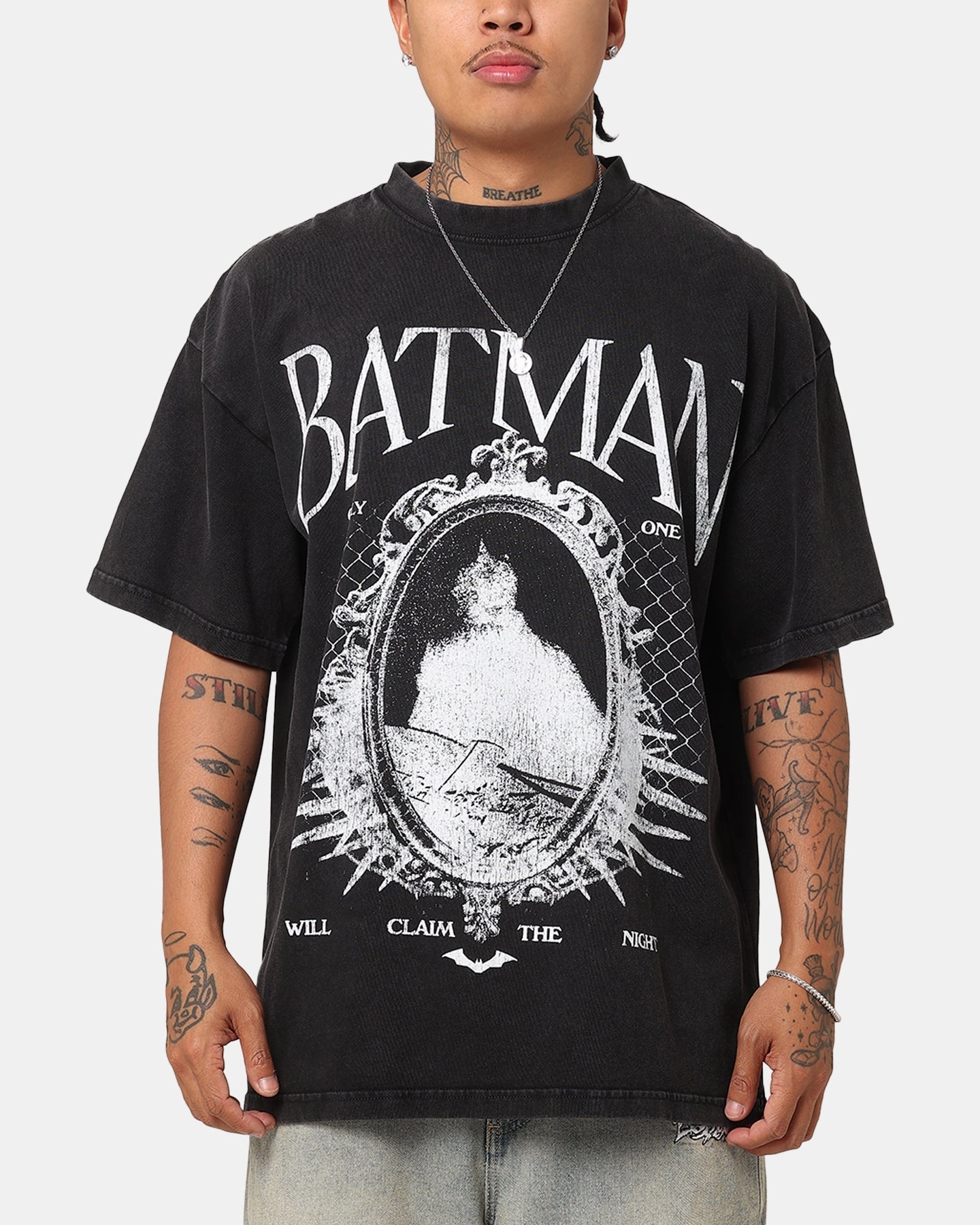 Self Cleaning Coating Goat Crew X DC Batman Mirror Vintage T-Shirt Black Acidwash