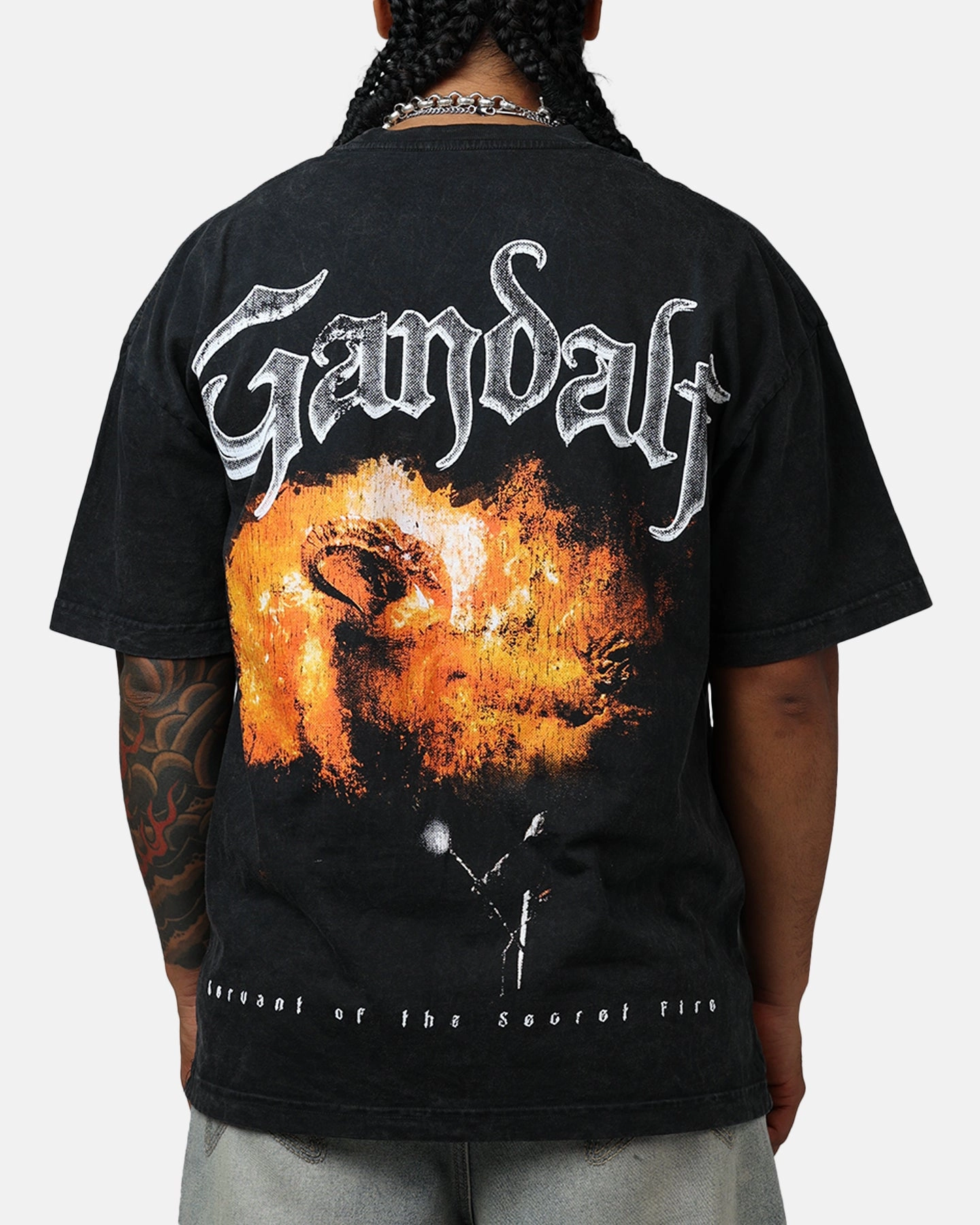 Goat Crew X Lord Of The Rings Gandalf Fire Vintage T-Shirt Black Acidwash ThermalLining