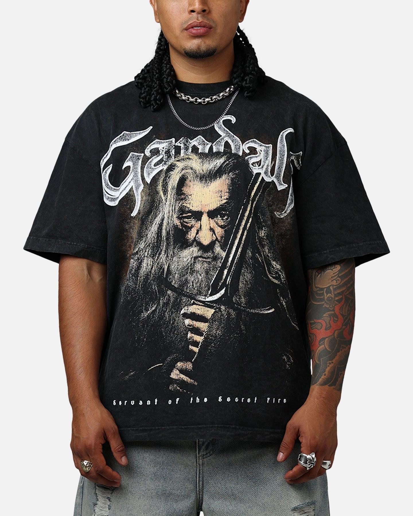 Cold Weather BondedShoulder Goat Crew X Lord Of The Rings Gandalf Fire Vintage T-Shirt Black Acidwash