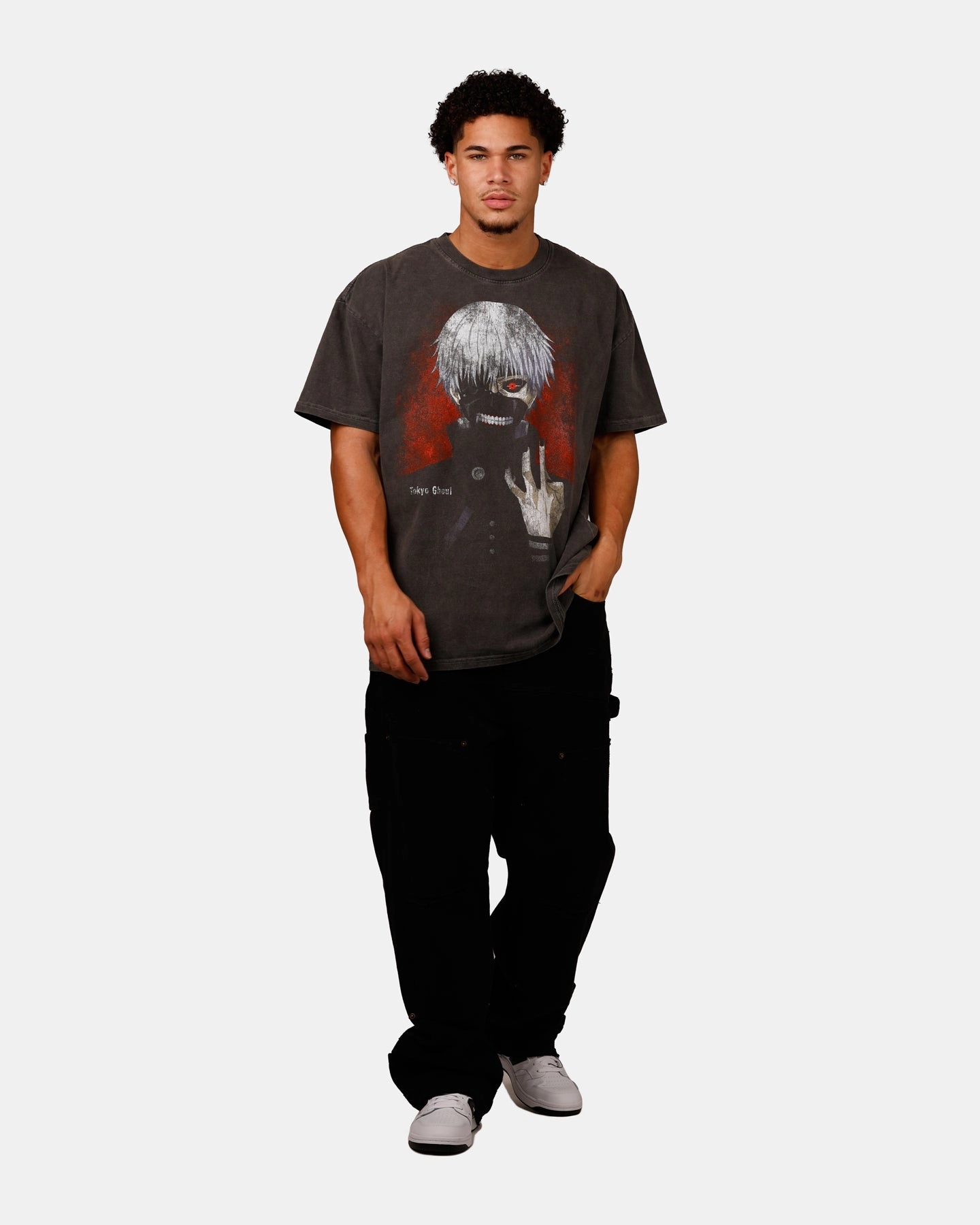 Goat Crew X Tokyo Ghoul Kaneki Vintage T-Shirt Black Acidwash Durable Overlock Stitch Casual dress