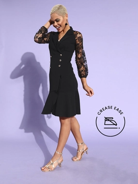 Crease Ease Women's Black Notch Collared Solid Ruffled Knee Length Blazer Dress Effortless Elegance